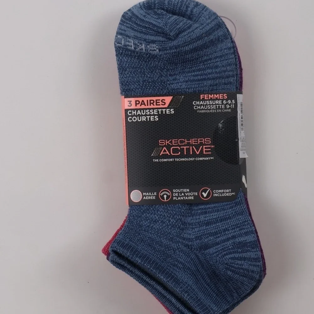 Skechers Active Socks Low Cut 3 Pair Pink Blue Womens Size 9-11 NWT